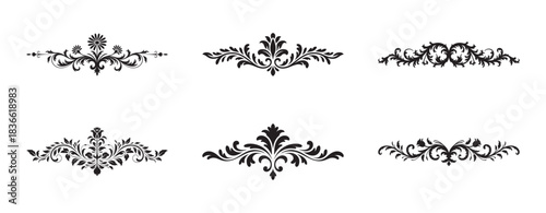 Collection of six black vintage ornamental dividers on white background