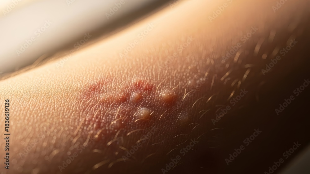 Fototapeta premium Blisters and red rash on caucasian man arm. Skin condition and allergy reaction. Medical health care concept for dermatology awareness.