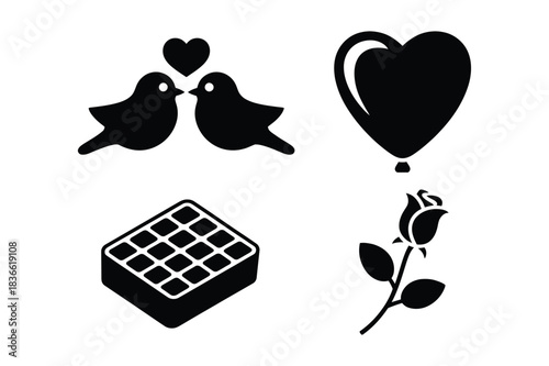 Valentine s day icons love birds heart balloon waffle and rose