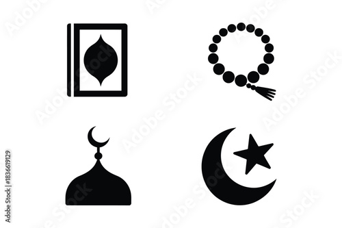 Islamic symbols collection featuring quran prayer beads mosque and crescent moon
