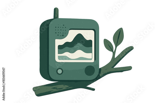 Green box with a screen on it is on a branch