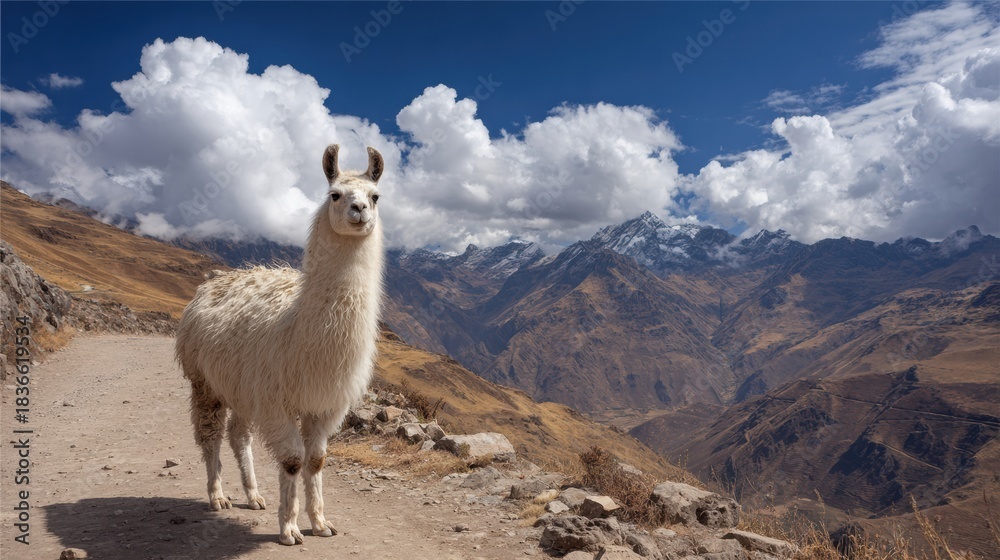 Obraz premium Llama Stands on a Mountain Path Overlooking the Andes With Clouds and Peaks in the Background of Peru