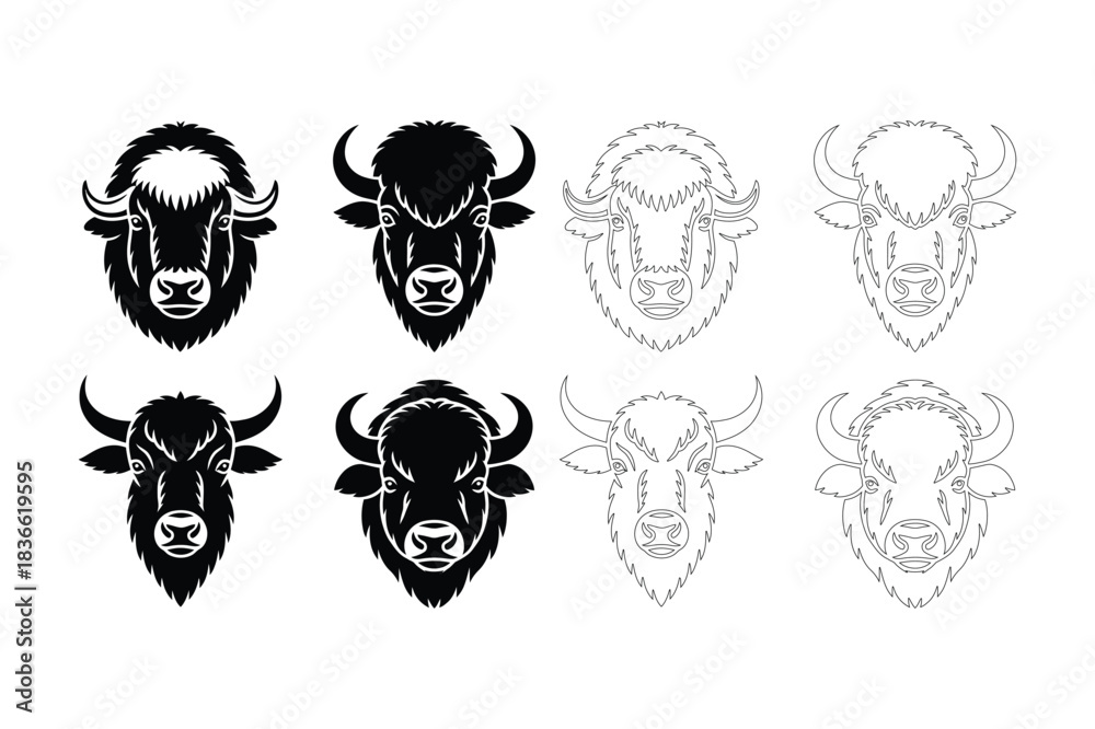 Fototapeta premium Collection of stylized bison and bull head illustrations