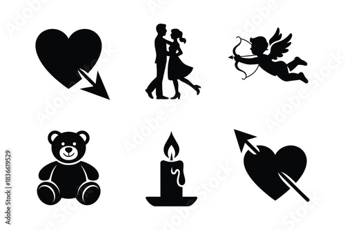 Romantic icons collection featuring hearts cupid bear and candle