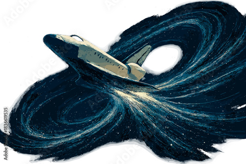 Space shuttle is flying through a spiral galaxy