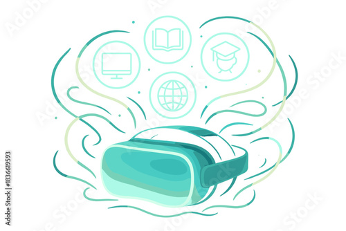 Green and white image of a virtual reality headset with a globe