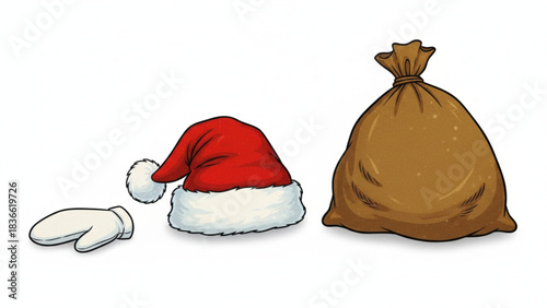 Santa claus hat, mitten, and gift sack illustration isolated on white background