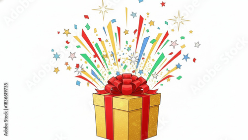 Yellow gift box with red ribbon exploding with colorful confetti and star shapes isolated on white background
