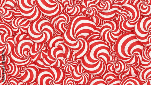 Seamless pattern of many red and white swirl hard candy peppermint sweets background
