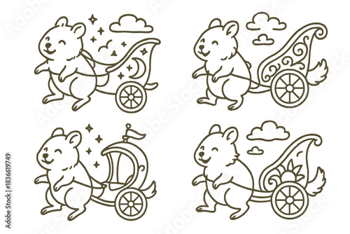 Four cartoon animals are pulling a carriage