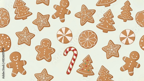 Assortment of festive gingerbread cookies and candy cane on light background