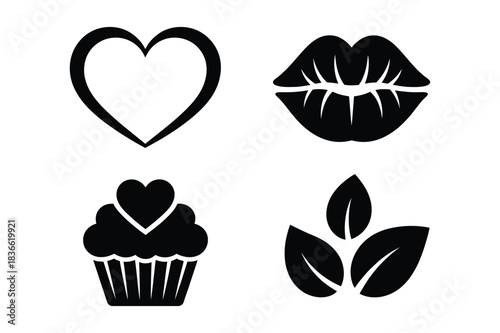 Four simple black icons heart lips cupcake and leaves