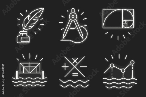 Series of symbols, including a pen, a compass, a ruler, a plus sign
