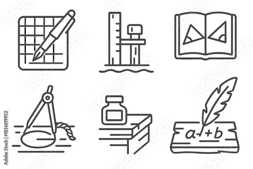 Set of six icons that represent different aspects of writing and drawing