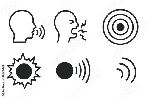 Series of icons depicting different sounds, including a man yelling, a sun