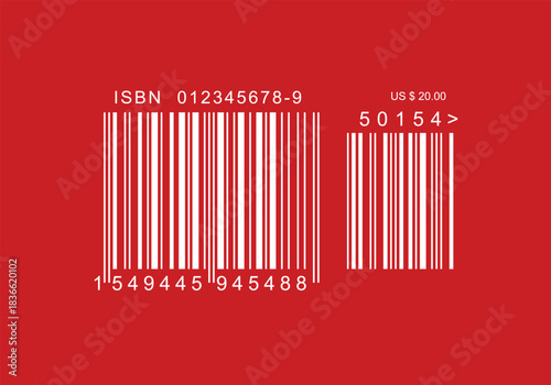 ISBN barcode for books red color background- Code 39, Code 128, UPC-A, UPC-E. EAN-13, EAN-8. Interleaved 2 of 5, ISBN.