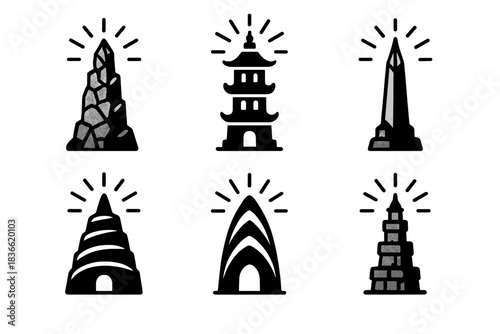 Set of six black and white icons of buildings, including a pyramid, a pagoda