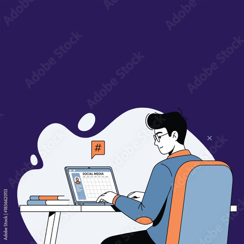 Man working on laptop checking social media content creative marketing strategy for business