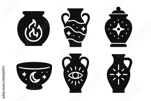 Set of six black and white ceramic vases and bowls