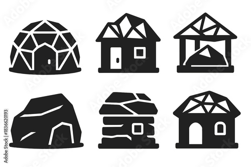 The image is a set of six different house designs, all of which are black