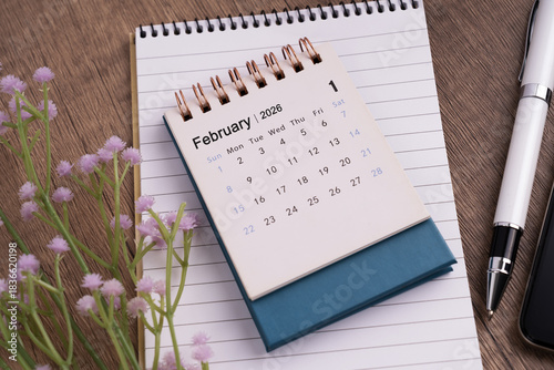 February 2026 Desk calendar flat lay