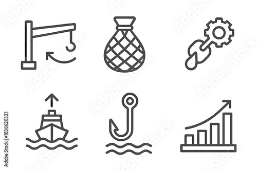 Series of icons for fishing, boats, and graphs