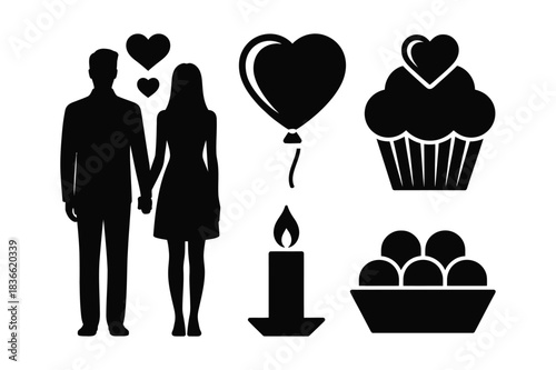 Romantic valentine s day icons silhouette collection