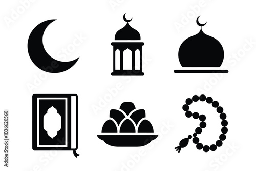 Islamic symbols collection featuring crescent moon mosque lantern quran prayer beads and dates