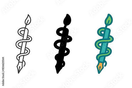 Black and white drawing of a pen with a green stem