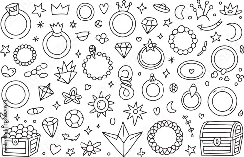 Hand Drawn Jewelry and Gems Black and White Doodle Art Keywords: jewelry, doodle, hand drawn, black and white, illustration, rings, bracelets, necklaces, gems, diamonds, treasure chest, crown