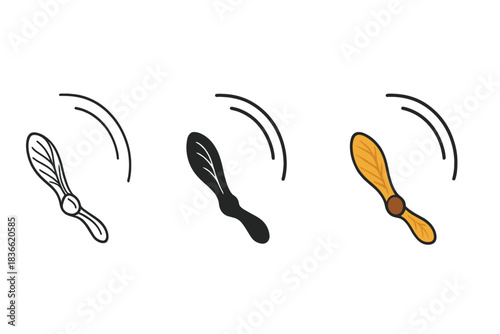 Three different colored wooden propellers are shown in a row