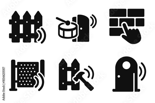 Musical Motion Icons. Solid style icons of musical motion: percussive fence beat, drumming gate rhythm, tapping wall flow,