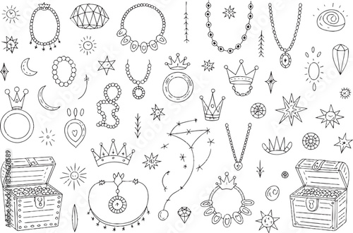 Hand Drawn Jewelry and Treasure Chests Black and White Doodle Art Keywords: jewelry, doodle, hand drawn, black and white, illustration, rings, bracelets, necklaces, gems, treasure chest, crown