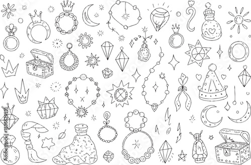 Hand Drawn Magical Objects and Jewels Black and White Doodle Art Keywords: magic, doodle, hand drawn, black and white, illustration, jewelry, gems, rings, bracelets, necklaces, treasure chest