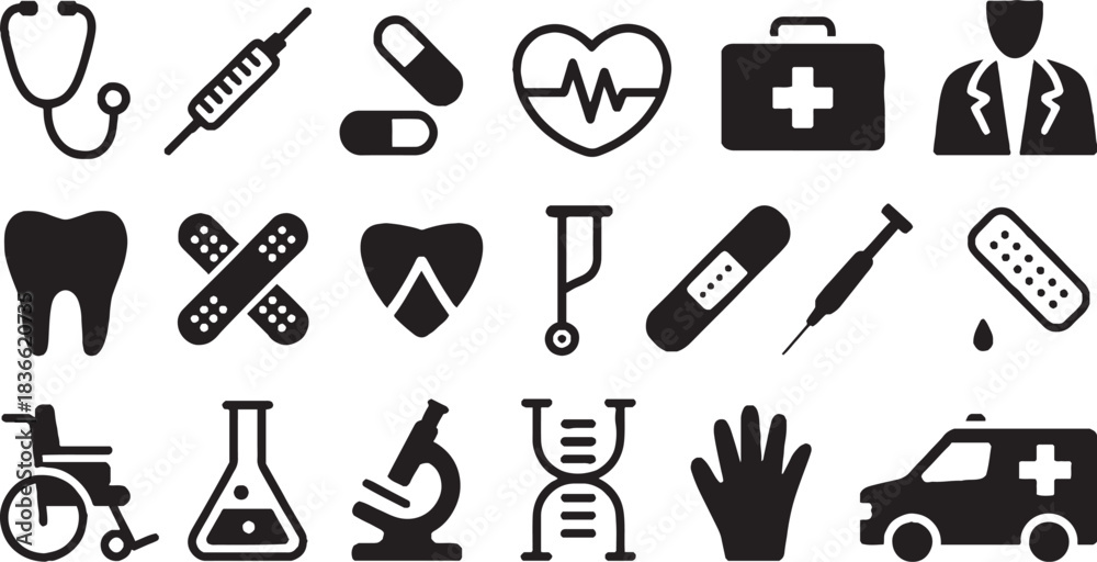 Fototapeta premium Medical and healthcare icons set stethoscope syringe