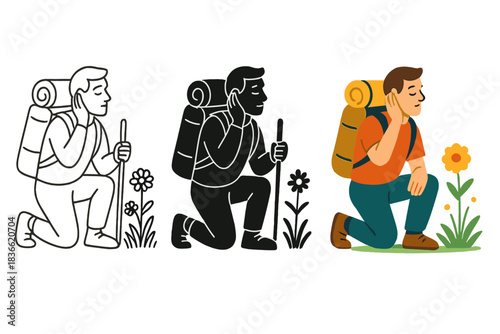 Walker Enjoys Nature. Walker pausing beside wildflowers listening to sounds of nature, first in line style with thin outline,