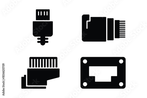 Collection of electronic connector icons in black and white