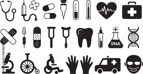 Medical Icons and Symbols on White Background Keywords: stethoscope, syringe, pill, capsule, dropper, thermometer, heart rate, medical bag, band-aid, crutch, tooth, test tube, DNA, microscope