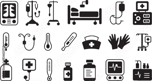 Medical icons including X-ray machine hospital bed thermometer and stethoscope healthcare medicine
