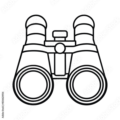 Vector illustration of binoculars for looking, searching, and optical discovery with black glass lenses and white isolated metal equipment