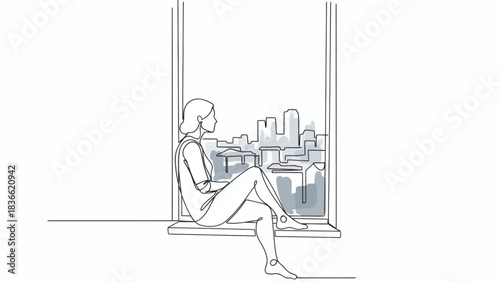 Pensive woman relaxing on a windowsill, gazing at the city view through an open window. Minimalist continuous line art illustration of urban solitude
