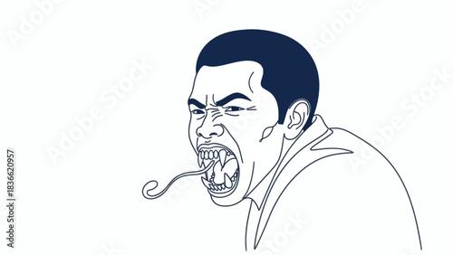 Vector line art of a terrifying man screaming in rage, revealing sharp fangs and a demonic forked snake tongue