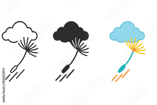 Dynamic Seed Designs. Floating seed cluster, soft cloud, motion trails, first in line style with thin outline, second in solid