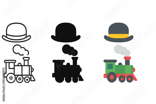 Stylish Steam Engine Trio. Bowler hat, miniature steam engine, smoke trail, first in line style with thin outline, second in solid
