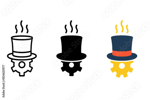 Eclectic Hat Designs. Top hat, rising steam, small gear, first in line style with thin outline, second in solid style filled shape