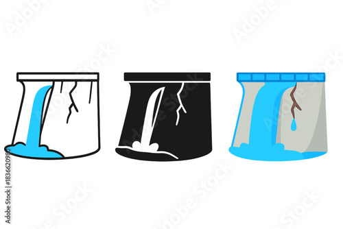 Set of three barrel icons with different water flow levels and cracks.