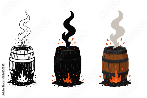 Barrel Evolution Art. Burnt oak barrel, ember sparks, curling smoke, first in line style with thin outline, second in solid style