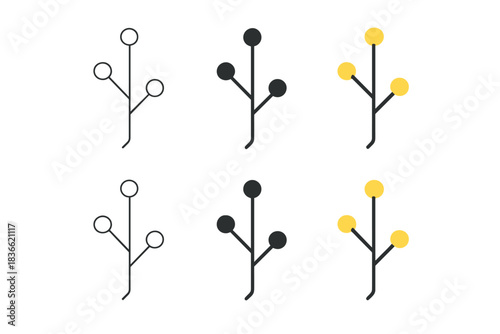 Quantum Art Evolution. Branching quantum sculpture with selective luminous nodes, clean minimal vector design, first in line style
