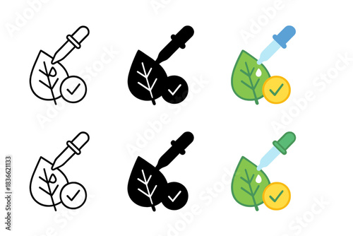 Leaf Edibility Testing Icon. Leaf sample with dropper testing for edibility, minimal vector icon, first in line style with thin