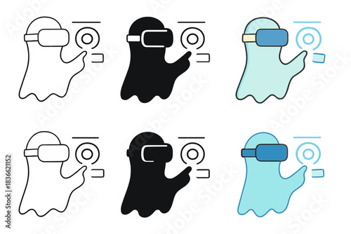 Ghostly VR Interaction. Ethereal ghost silhouette interacting with VR headset interface, simple minimalist vector illustration,